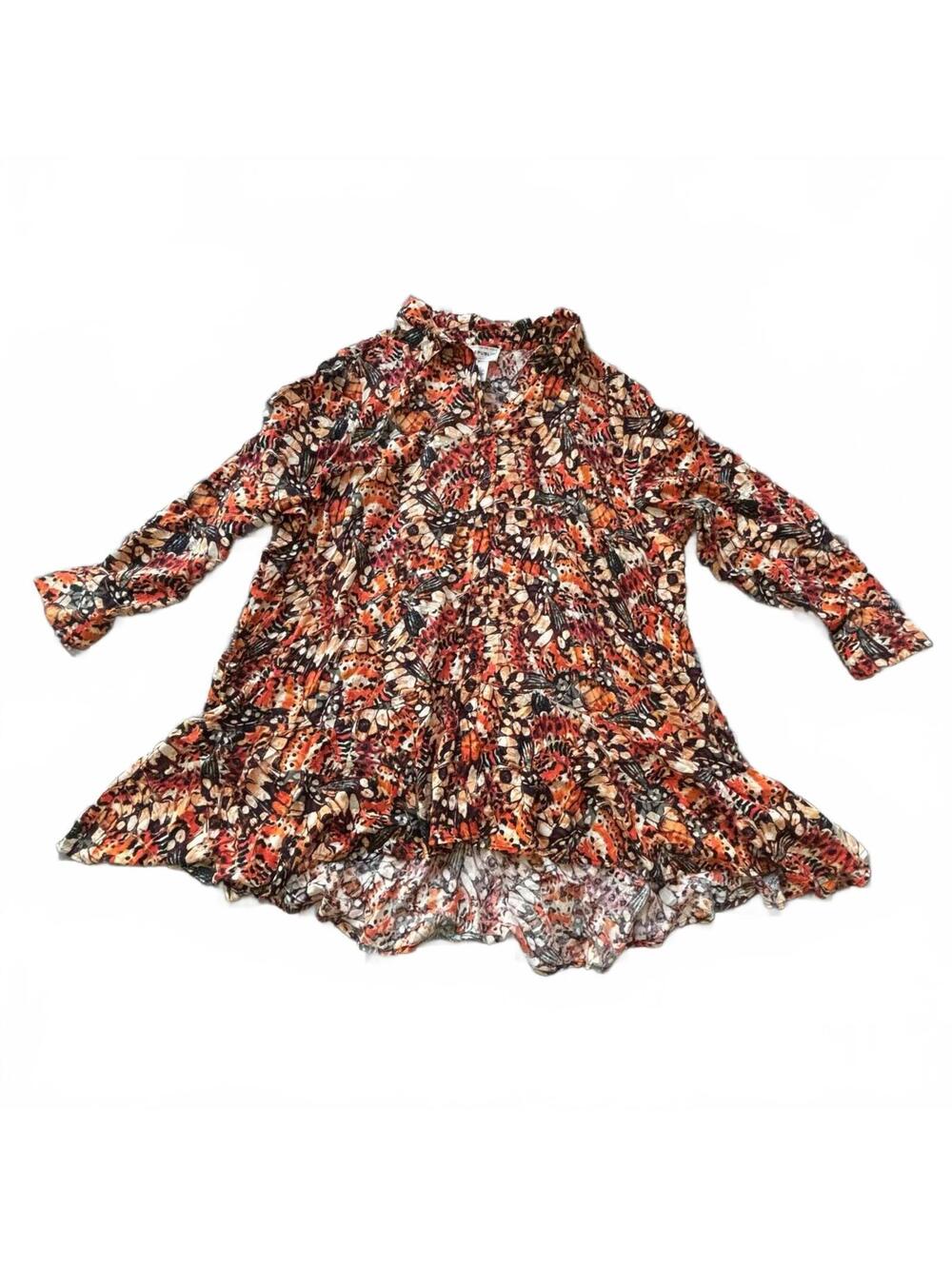 Butterfly Printed button up collar tunic with ruffle